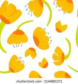 Abstract spring flowers seamless pattern. Vector background with orange textured flowers