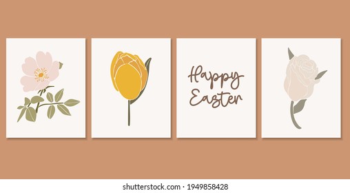 Abstract spring flowers set, boho flowers isolated set, Easter spring decoration, traditional Easter elements, Happy Easter vector card