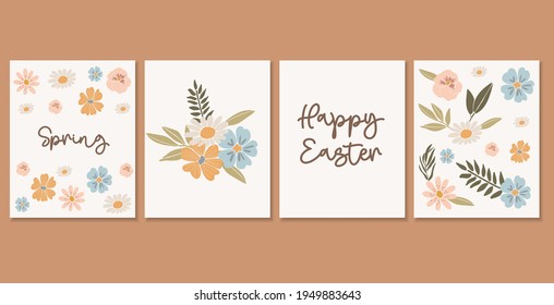 Flores de primavera abstractas, flores de boho set, decoración de primavera de Pascua, elementos tradicionales de Pascua, composición de primavera floral, patrón vector Happy Easter