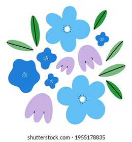 Abstract spring flowers simple vector composition, blue tones illustration, isolated on white background