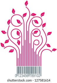 abstract spring green branches with pink bar code bottom