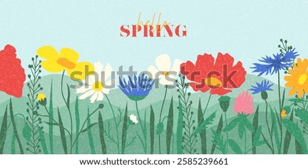 Abstract Spring horizontal banner. Hand-drawn field of flowers for decoration spring events, Mother's Day, Easter, Women's Day. Beautiful spring meadow with flowers blossom. Concept of spring cover.