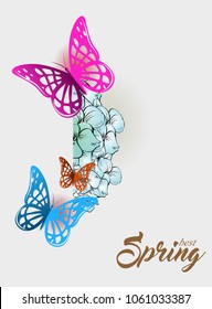 Abstract spring illustration. Paper multicolored butterflies over flowers on a white background. Spring postcard.