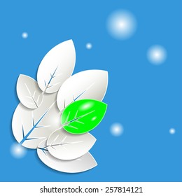 Abstract spring leaves on blue background. Vector illustration