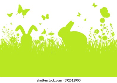 Abstract spring meadow silhouette with bunnies, flowers and butterflies - vector illustration