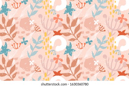 Abstract spring pattern with floral elements, paint splashes on a pink background. Seamless pattern
