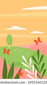 Abstract spring scenery with silhouettes of plants, tree and flying butterfly vector illustration
