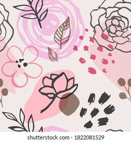 Abstract spring seamless pattern with flowers and leaves. Vector background