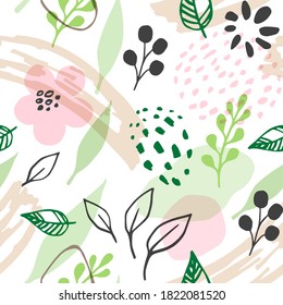Abstract spring seamless pattern with pink flowers and green leaves. Vector background