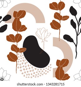 Abstract spring seamless pattern with shapes and leaves in brown, black, white and beige on light background. Wall art, greeting card, social media post, packaging paper design. Vector illustration.
