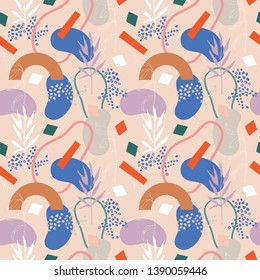 Abstract spring seamless pattern with shapes and leaves in blue, pink, white and beige on light background. Wall art, greeting card, social media post, packaging paper design. Vector illustration.