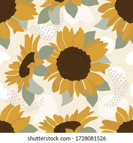 Abstract spring seamless pattern with sunflowers and leaves on light background. Wall art, greeting card, social media post, packaging paper design. Vector illustration.