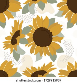 Abstract spring seamless pattern with sunflowers and leaves on light background. Wall art, greeting card, social media post, packaging paper design. Vector illustration.