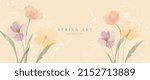 Abstract spring season floral Background. Warm tone blossom wallpaper design with wild flowers, blooms and leaves. Line art and watercolor texture perfect for banner, prints, wall art, decoration.