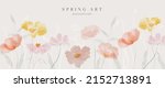 Abstract spring season floral Background. Warm tone blossom wallpaper design with wild flowers, blooms and leaves. Line art and watercolor texture perfect for banner, prints, wall art, decoration.