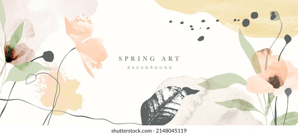 Abstract spring season floral background. Blossom wallpaper with flowers, blooms, foliage, leaves and flower petals. Warm tone watercolor texture perfect for cover, print, decoration, banner, ads.