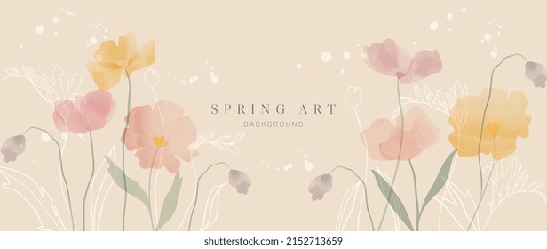 Abstract spring season floral Background. Warm tone blossom wallpaper design with wild flowers, blooms and leaves. Line art and watercolor texture perfect for banner, prints, wall art, decoration.