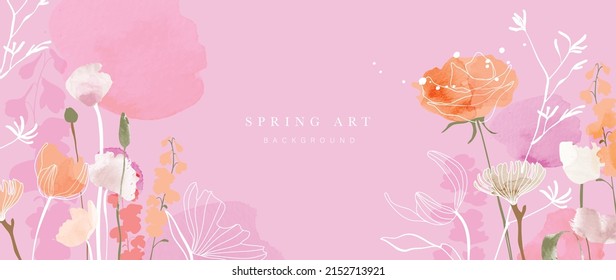 Abstract spring season floral Background. Pink blossom wallpaper design with rose flowers, blooms and leaves. Line art and watercolor texture perfect for banner, prints, wall art, decoration.