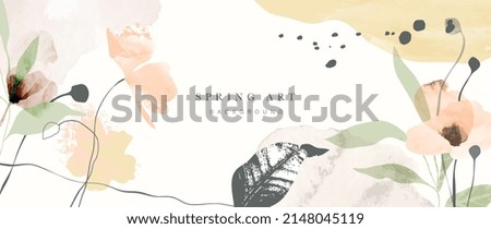 Abstract spring season floral background. Blossom wallpaper with flowers, blooms, foliage, leaves and flower petals. Warm tone watercolor texture perfect for cover, print, decoration, banner, ads.