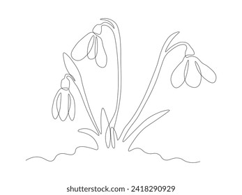 Abstract spring snowdrops on snow ,continuous one line art hand drawing sketch