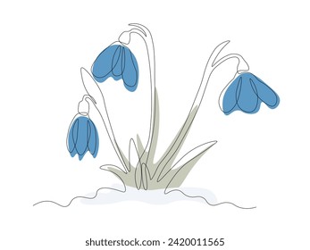 Abstract spring snowdrops on snow ,continuous one line art hand drawing sketch