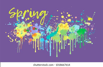 Abstract spring song melody background. Splash vector paint, watercolor colorful drops texture. Violet background