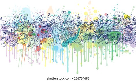 Abstract spring song melody background. Splash vector paint, watercolor colorful paint drops texture