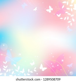 Fondo de verano de primavera abstracto de color rosa claro pastel, tema de amor dulce con mariposa y árbol