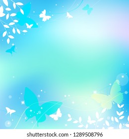 Abstract spring summer background in light pastel color, environmental theme with butterfly and tree