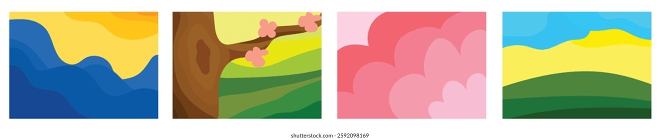Abstract spring, summer background set. vibrant simple, cute web banners, poster. Beach, ocean waves, cherry, sakura blossom, tree, field, mountain, hill, grass, sunny, romantic. Vector illustration