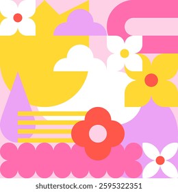 Abstract spring or summer bauhaus background. Vector geometric flowers, leaves flat illustration. Banner, poster, greeting card, cover memphis design. Simple primitive floral elements colorful pattern