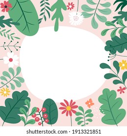 Abstract spring and summer flat simple natural background with flowers, plant and copy space for banner, greeting card, poster. Vector Illustration