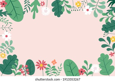 Abstract spring and summer flat simple natural background with flowers, plant and copy space for banner, greeting card, poster. Vector Illustration