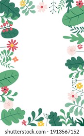 Abstract spring and summer flat simple natural background with flowers, plant and copy space for banner, greeting card, poster. Vector Illustration