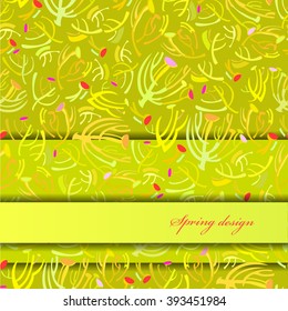Abstract spring summer floral background. Green yellow spring twigs elegant ornament green background. Horizontal border rapport sprig pattern design Wrapping paper, textile fabric vector illustration