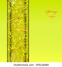 Abstract spring summer floral background. Green yellow spring twigs elegant ornament green background. Vertical border stripe sprig pattern design. Wrapping paper or textile fabric vector illustration
