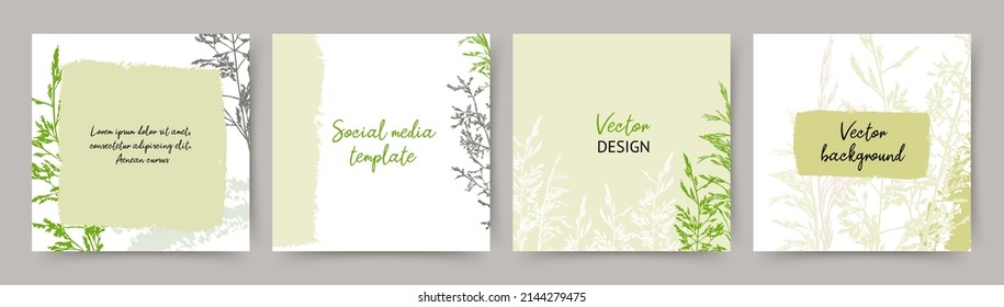 Abstract spring summer green background. Social media post template with plant, leaves and grass elements. Vector illustration