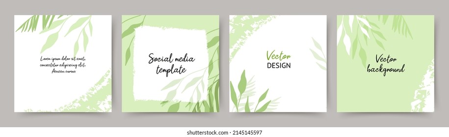 Abstract spring summer green background. Social media post template with plant and leaves  elements. Vector illustration