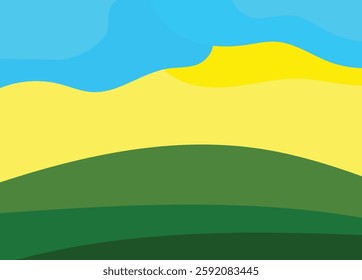 Abstract spring, summer season background. Clouds, Blue sky, sunny weather, green field, grass simple art. web banner, wallpaper, geometrical nature concept, design art, banner . Vector illustration