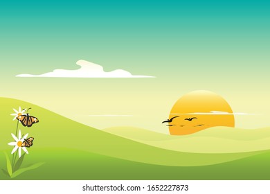Abstract spring summer season scene environment background  vector,can use for template ,logo, sunrise,green mountain,white cloud and flower,butterfly ,with blue sky backdrop,vector illustration.