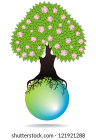 abstract spring tree with green leaves and pink flowers on water sphere