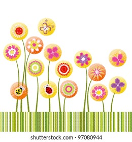 Abstract springtime colorful flower on green stripe background