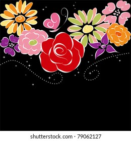 Abstract Springtime colorful flowers on black background