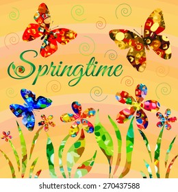 Abstract springtime composition with butterflies and flowers
