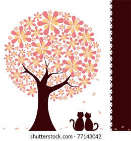 Abstract springtime flower tree with love cats on green white background
