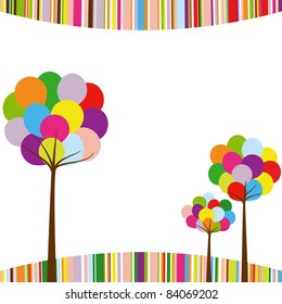Abstract springtime rainbow color tree on colorful stripe background