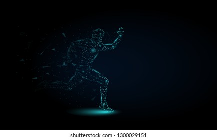 Abstract Sprinter futuristic background with low-poly, polygon and triangle. Sport runner concept from dots, circles and lines. Molecular concept. Wireframe light connection structure vector 