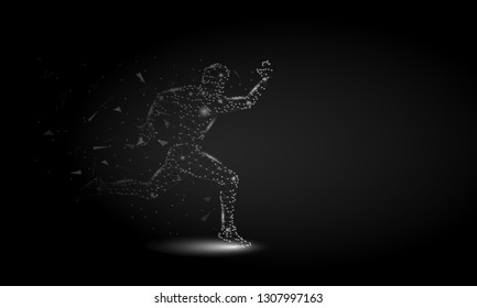 Abstract Sprinter futuristic background with low-poly, polygon and triangle. Sport runner concept from dots, circles and lines. Molecular concept. Wire frame light connection structure vector 