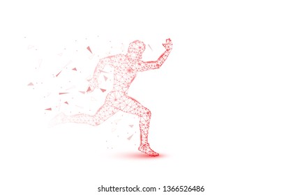 Abstract Sprinter futuristic background with low-poly, polygon and triangle. Sport runner concept from dots, circles and lines. Molecular concept. Wire frame light connection structure vector 
