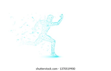 Abstract Sprinter futuristic background with low-poly, polygon and triangle. Sport runner concept from dots, circles and lines. Molecular concept.  vector Illustration 
